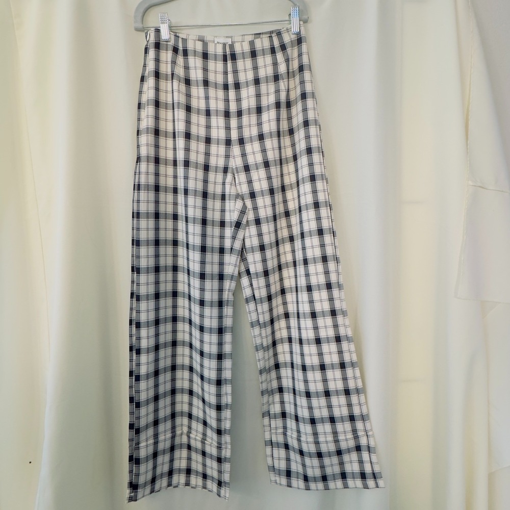 Princess Polly Size 4 Navy Cream Plaid Wide Leg High Rise Pants Academia Women's